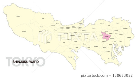 [Map of Japan] Location map of Shinjuku Ward, Tokyo, including the names of the surrounding municipalities (English) 138653052