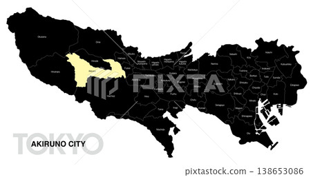 【日本地圖】東京秋留野市位置圖，標示城市/區名（英文） 138653086