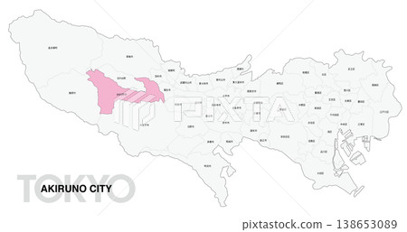 [Map of Japan] Location map of Akiruno City, Tokyo, with city/ward names. 138653089