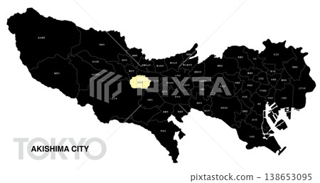 [日本地圖] 東京秋島市位置圖，標示城市/區名稱。 138653095