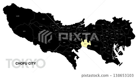 [Map of Japan] Location map of Chofu City, Tokyo, with city/ward names. 138653103