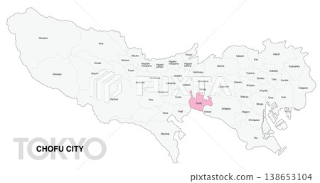 [Map of Japan] Location map of Chofu City, Tokyo, with city/ward names (English) 138653104
