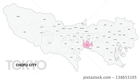 [Map of Japan] Location map of Chofu City, Tokyo, with city/ward names. 138653105