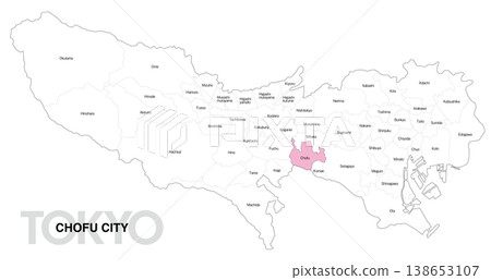 [Map of Japan] Location map of Chofu City, Tokyo, with city/ward names. 138653107