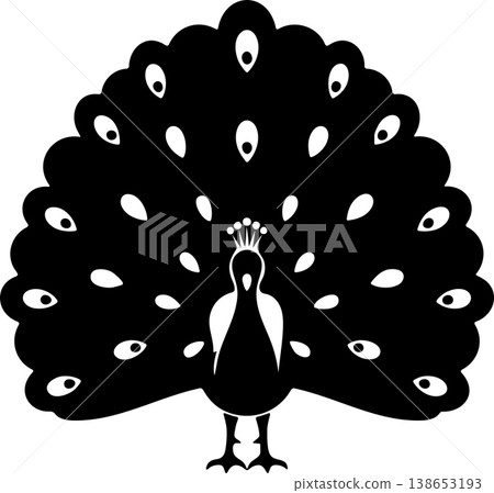 Black silhouette of a peacock with its elaborate tail feathers fanned out, showcasing numerous eye-like patterns. Black silhouette of a peacock with its elaborate tail feathers fanned out, showcasing numerous eye-like patterns. 138653193