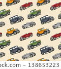 Retro car sedan, coupe, roadster, pickup truck. Vintage engraving seamless pattern 138653223