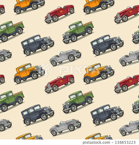 Retro car sedan, coupe, roadster, pickup truck. Vintage engraving seamless pattern 138653223