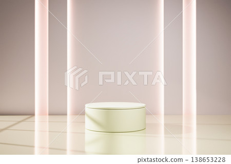 Elegant white podium in a bright room with soft neon light columns Elegant white podium in a bright room with soft neon light columns 138653228