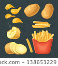 French fry stick potato in paper box and chips. 138653229