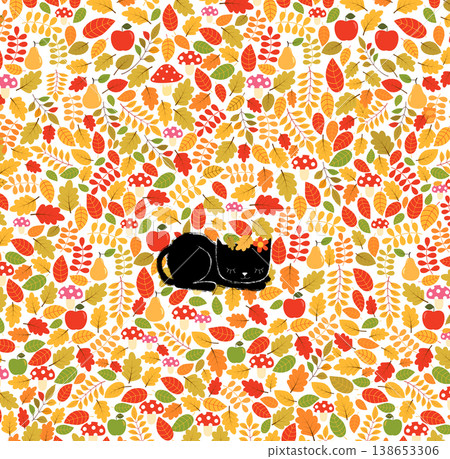 Cute sleeping cat in fall forest leaves, autumn animal vector illustration 138653306