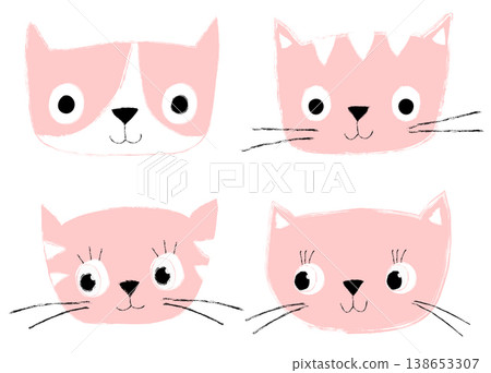 Set of cute pink vector cat heads and faces with hand drawn look Set of cute pink vector cat heads and faces with hand drawn look 138653307