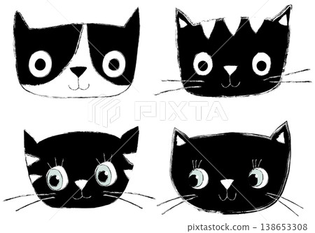 Set of cute black and white vector cat heads and faces with hand drawn look 138653308