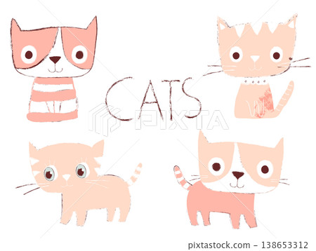 Set of cute hand drawn pink cats in flat style in various positions 138653312