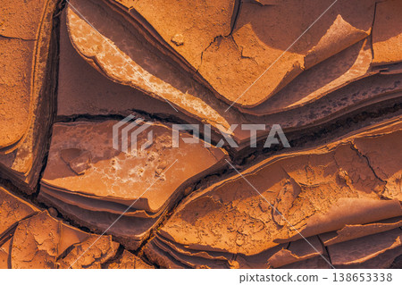 Cracked Earth. An arid landscape with cracked, dry earth patterns in a warm orange hue Cracked Earth. An arid landscape with cracked, dry earth patterns in a warm orange hue 138653338