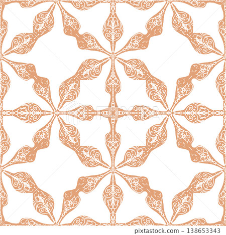Seamless ornamental pattern in hand drawn textured style. Symmetrical decorative design with vintage feel. Perfect for textile, wallpaper, packaging, branding and surface design. Seamless ornamental pattern in hand drawn textured style. Symmetrical decorative design with vintage feel. Perfect for textile, wallpaper, packaging, branding and surface design. 138653343