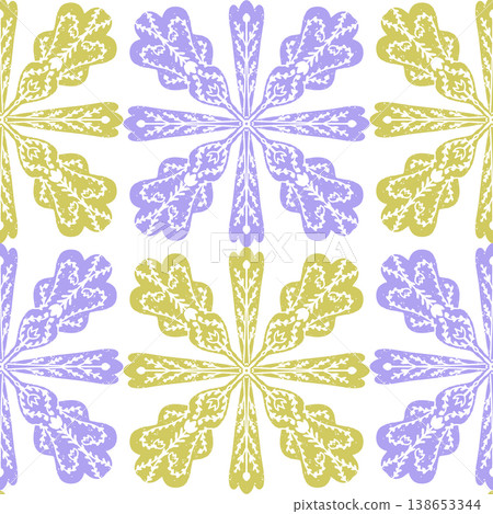 Seamless ornamental pattern in hand drawn textured style. Symmetrical decorative design with vintage feel. Perfect for textile, wallpaper, packaging, branding and surface design. Seamless ornamental pattern in hand drawn textured style. Symmetrical decorative design with vintage feel. Perfect for textile, wallpaper, packaging, branding and surface design. 138653344