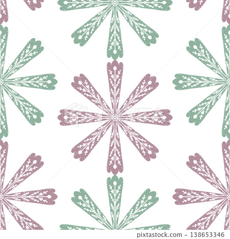 Seamless ornamental pattern in hand drawn textured style. Symmetrical decorative design with vintage feel. Perfect for textile, wallpaper, packaging, branding and surface design. Seamless ornamental pattern in hand drawn textured style. Symmetrical decorative design with vintage feel. Perfect for textile, wallpaper, packaging, branding and surface design. 138653346
