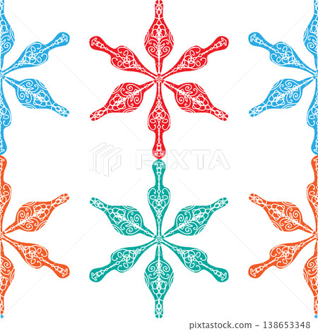 Seamless ornamental pattern in hand drawn textured style. Symmetrical decorative design with vintage feel. Perfect for textile, wallpaper, packaging, branding and surface design. 138653348