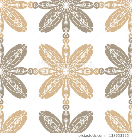 Seamless ornamental pattern in hand drawn textured style. Symmetrical decorative design with vintage feel. Perfect for textile, wallpaper, packaging, branding and surface design. 138653355