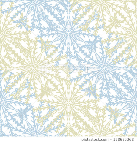 Seamless ornamental pattern in hand drawn textured style. Symmetrical decorative design with vintage feel. Perfect for textile, wallpaper, packaging, branding and surface design. 138653368