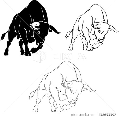 Three stylized illustrations of a powerful charging bull, depicted in solid black, thick outline, and fine line. Three stylized illustrations of a powerful charging bull, depicted in solid black, thick outline, and fine line. 138653392