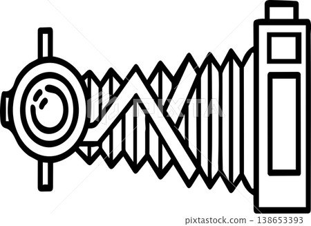 A black and white line art illustration of a vintage bellows camera, featuring its distinctive accordion-like extension and lens, viewed from the side. A black and white line art illustration of a vintage bellows camera, featuring its distinctive accordion-like extension and lens, viewed from the side. 138653393