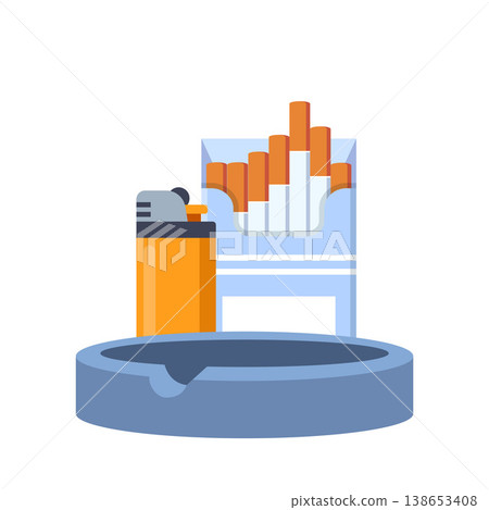 Smoking icons set. Colorful signs no smoking, cigarette, pack, lighter, nicotine, tobacco, cigar and pipe. Design elements for app or website. Vector illustration 138653408