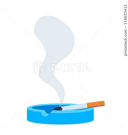 Ashtray with a steaming cigarette. Smoke from an extinguished cigarette. Smoking tobacco. The concept of harm from smoking. Vector illustration Ashtray with a steaming cigarette. Smoke from an extinguished cigarette. Smoking tobacco. The concept of harm from smoking. Vector illustration 138653411