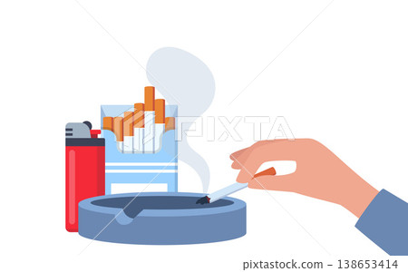 Smoking icons set. Colorful signs no smoking, cigarette, pack, lighter, nicotine, tobacco, cigar and pipe. Design elements for app or website. Vector illustration Smoking icons set. Colorful signs no smoking, cigarette, pack, lighter, nicotine, tobacco, cigar and pipe. Design elements for app or website. Vector illustration 138653414