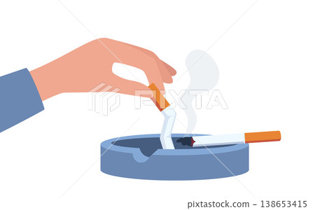 Hand extinguishing a Cigarette butt in ashtray. Negative impacts of smoking, pollution, and public health concern. Vector illustration. 138653415