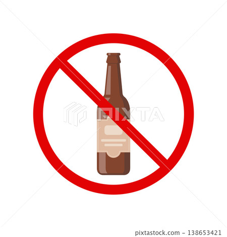 No alcohol sign. Strike Through Red Circle. Prohibiting Alcohol Beverages. Beer Beverage Stop, alcohol not allowed, warning sign, ban alcohol. Vector illustration. No alcohol sign. Strike Through Red Circle. Prohibiting Alcohol Beverages. Beer Beverage Stop, alcohol not allowed, warning sign, ban alcohol. Vector illustration. 138653421