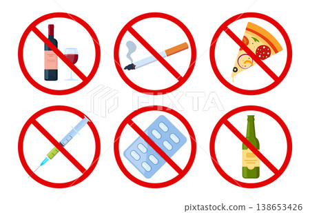 Sign forbidden addictions in red crossed out circle on white background. No smoking, no drugs, no junk food, no alcohol, no pills. Vector illustration. Sign forbidden addictions in red crossed out circle on white background. No smoking, no drugs, no junk food, no alcohol, no pills. Vector illustration. 138653426