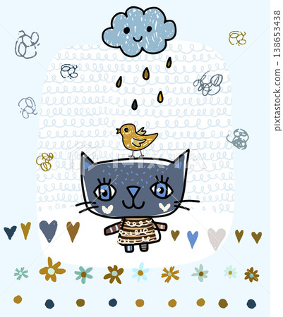 Cute hand drawn doodle cat, bird and cloud with hearts, flowers, dots and raindrops in blue, grey and brown colors Cute hand drawn doodle cat, bird and cloud with hearts, flowers, dots and raindrops in blue, grey and brown colors 138653438
