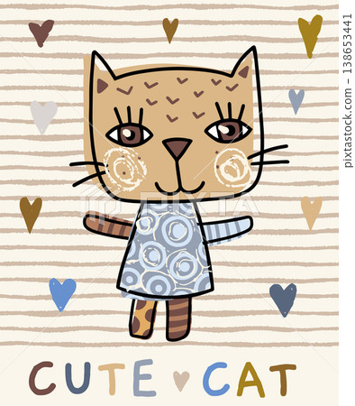 Cute vector hand drawn doodle cats illustration in blue, brown and grey colors for kids and baby designs Cute vector hand drawn doodle cats illustration in blue, brown and grey colors for kids and baby designs 138653441