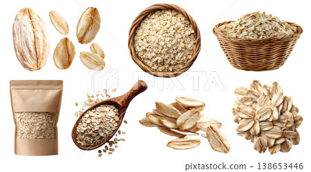 Set of rolled oats flakes grains groats, rattan basket, wooden spoon, craft pouch, fly stack pile, transparent cutout PNG. mockup for design 138653446