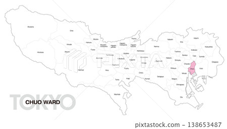 [Map of Japan] Location map of Chuo Ward, Tokyo, including names of municipalities (English) 138653487