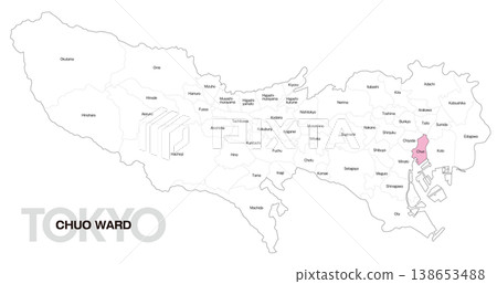 [Map of Japan] Location map of Chuo Ward, Tokyo, including names of municipalities (English) 138653488