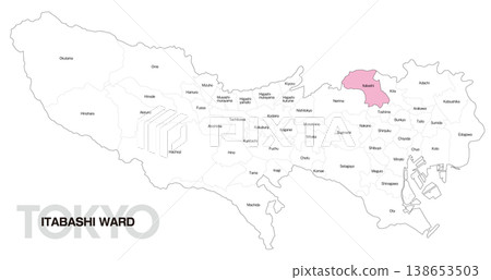 [日本地圖] 東京板橋區位置圖，包括各市町村名稱（英文） 138653503