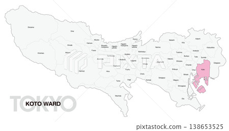 [Map of Japan] Location map of Koto Ward, Tokyo, including the names of municipalities (English) 138653525