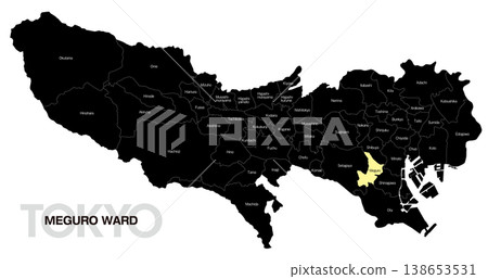 [Map of Japan] Location map of Meguro Ward, Tokyo, including the names of the surrounding municipalities (English) 138653531