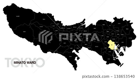 [日本地圖] 東京港區位置圖，包括週邊市町村名稱。 138653540
