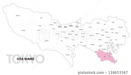 [Map of Japan] Location map of Ota Ward, Tokyo, including the names of municipalities (English) 138653567