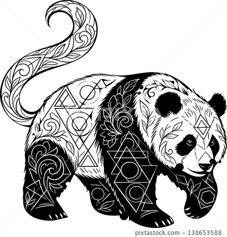 Intricate giant panda illustration featuring complex geometric patterns and floral filigree details throughout the body and tail isolated on a white background perfect for adult coloring books or ethn 138653588
