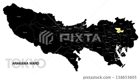 [日本地圖] 東京都荒川區地點圖，包括各市町村名稱（英文） 138653605