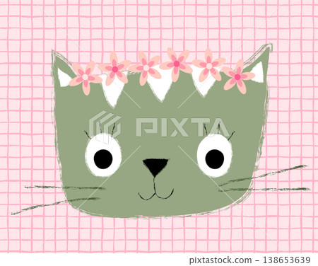 Cute hand painted green vector cat face with flower wreath, kawaii animal graphic design element for greeting cards and apparel Cute hand painted green vector cat face with flower wreath, kawaii animal graphic design element for greeting cards and apparel 138653639