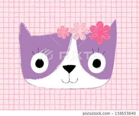Cute hand painted violet vector cat face with flowers on pink plaid background, kawaii animal greeting card 138653640
