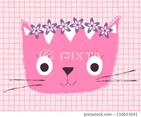 Cute hand painted vector cat face with flower wreath, kawaii animal head girly graphic design Cute hand painted vector cat face with flower wreath, kawaii animal head girly graphic design 138653641
