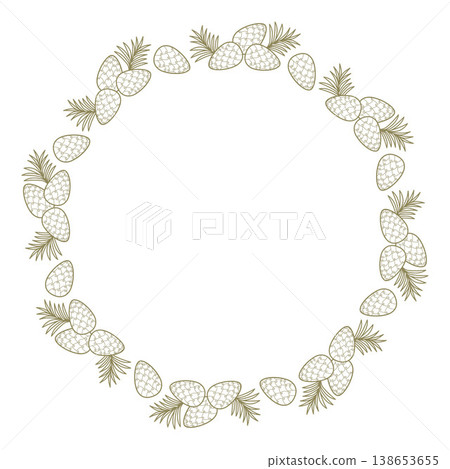 Pine Cone Wreath. Circular Frame with Line Art Pine Cones And Coniferous needle Branches. Botanical Round Border with Empty Copy Space. Line drawing, coloring page. Vector Illustration. Pine Cone Wreath. Circular Frame with Line Art Pine Cones And Coniferous needle Branches. Botanical Round Border with Empty Copy Space. Line drawing, coloring page. Vector Illustration. 138653655