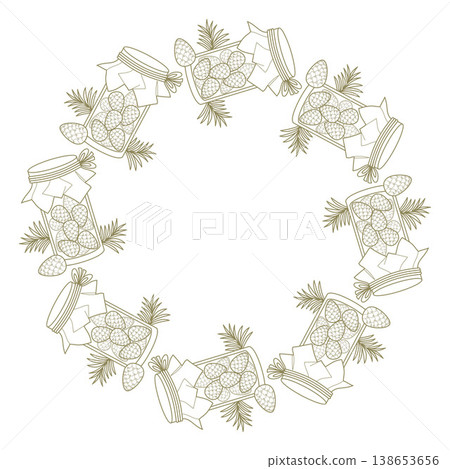 Pine Cone Homemade Jam Wreath. Circular Frame With Monochrome Line Art Glass Jars, Coniferous Branches And Young Cones. Botanical Round Border. Line drawing, coloring. Vector Illustration. Pine Cone Homemade Jam Wreath. Circular Frame With Monochrome Line Art Glass Jars, Coniferous Branches And Young Cones. Botanical Round Border. Line drawing, coloring. Vector Illustration. 138653656