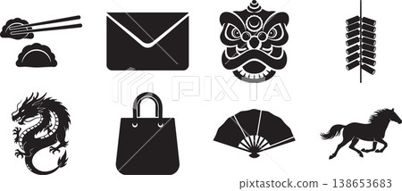 Collection of black Chinese New Year icons including a dragon lion dance mask horse firecrackers dumplings envelope fan and shopping bag isolated on a white background for festive lunar celebrations 138653683